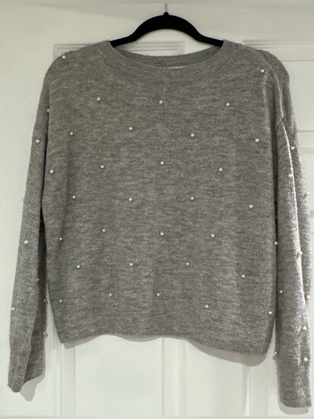 H&M Light Gray Pearl-Detail Crewneck Sweater